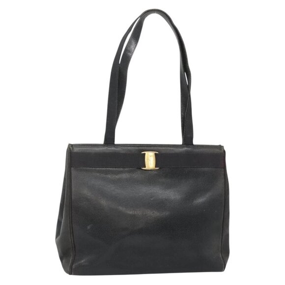 Salvatore Ferragamo Vala Tote Bag Leather Black Gold Auth 139754 - Picture 1 of 16